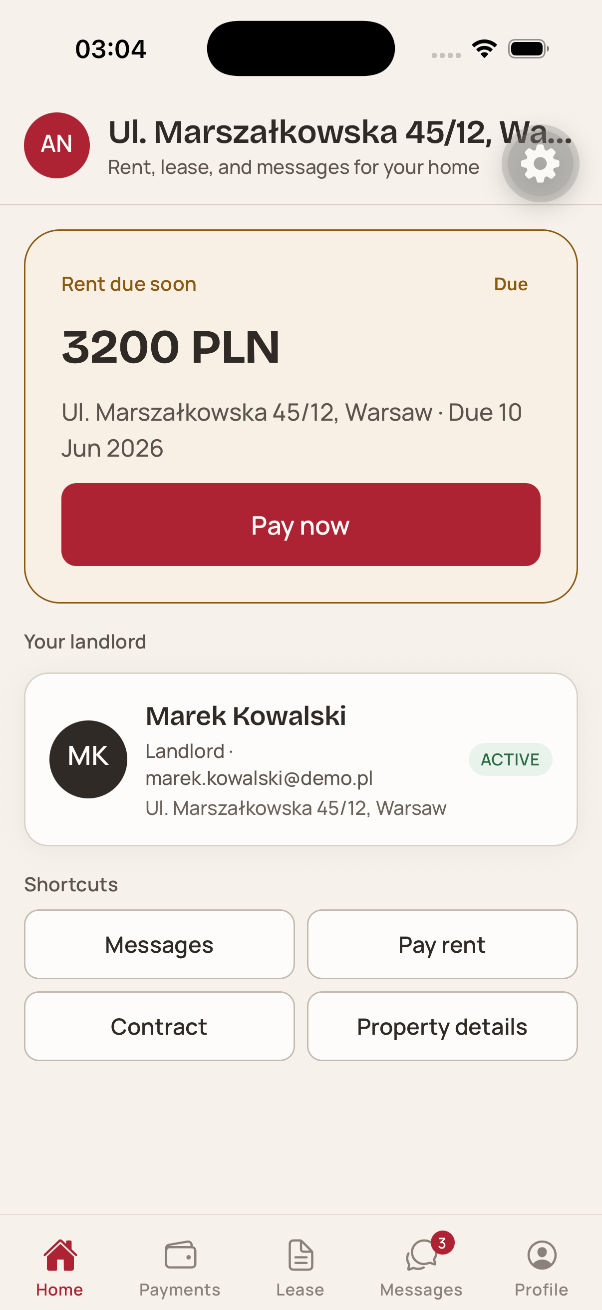 Poland Housing app — tenant home screen showing rent due and Pay now button