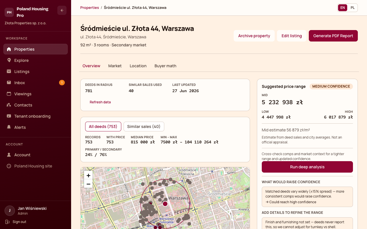 Property analysis: suggested price range and notarial deed comps for ul. Złota 44