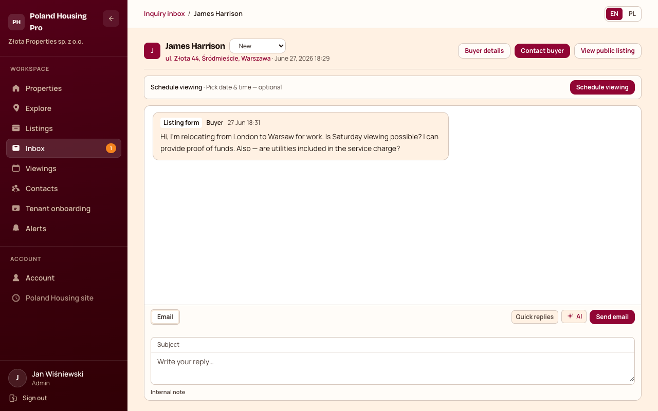 Pro inbox: James Harrison inquiry for ul. Złota 44 with AI reply composer